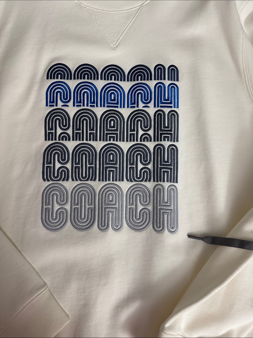 Coach Men’s White Crewneck Sweatshirt with Blue & Gray Stacked Logo